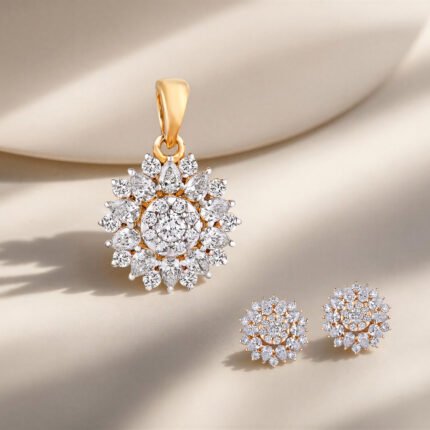 Radiant Floral Diamond Pendant and Earrings Set