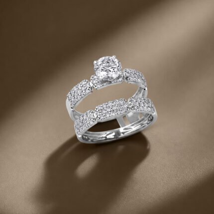 Pavilion Pavé Solitaire Double-Band Bridal Ring Set