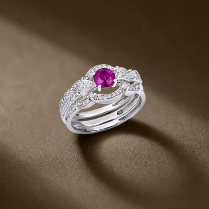 Round Ruby Center & Contoured Diamond Multi-Row Ring Set
