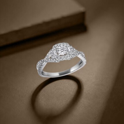 Cushion Halo & Baguette Cluster Twist Diamond Ring