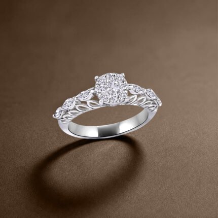 Round Cluster Center & Carved Leaf Filigree Diamond Ring